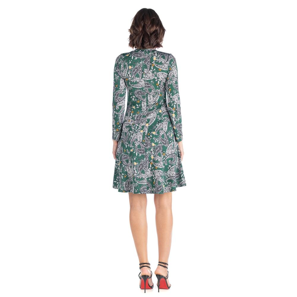 24SEVEN Comfort Apparel Women's Green Paisley-Print Scoop-Neck Long-Sleeve Dress - Picture 12 of 12